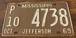 1969 Mississippi License Plate P10 4738 Jefferson Commercial Truck Rare County. Fixed Price $79.99.